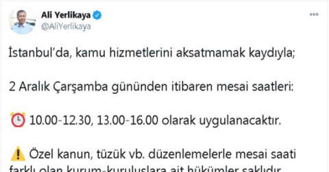 İstanbul Valisi Ali Yerlikaya’dan mesai saatlerine ilişkin açıklama