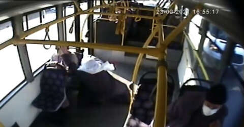(Özel) Ani firen yapan otobüste savrulup yere düşen yaşlı kadın yaralandı