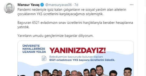 Ankara Büyükşehir Belediyesi YKS ödemesi desteği sözünü tuttu