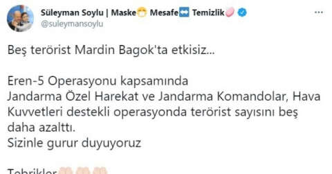 İçişleri Bakanı Soylu: "Eren-5 Operasyonu kapsamında Jandarma Özel Harekat ve Jandarma Komandolar, Hava Kuvvetleri destekli operasyonda terörist sayısını 5 daha azalttı."