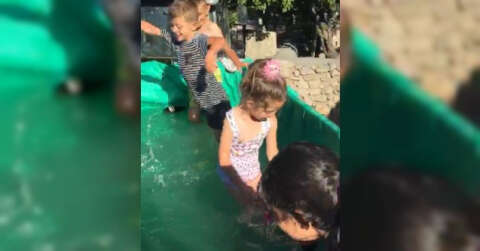 Çocukların römorkta havuz keyfi
