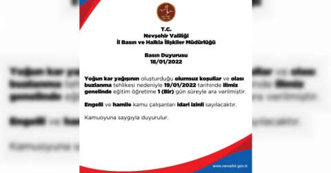 Nevşehir’de eğitime 1 gün ara verildi