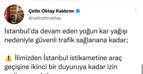 Vali Kaldırım uyardı: "İstanbul istikameti araç geçişine izin verilmeyecek"