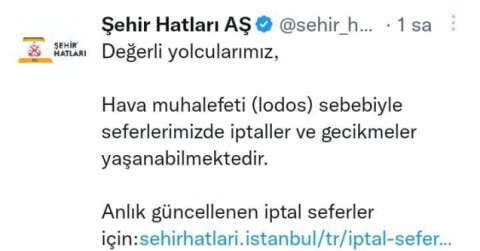 İstanbul’da lodos nedeniyle şehir hatları iptal edildi. Maltepe-Adalar, Bostancı-Karaköy-Kabataş ve Bostancı-Moda-Kadıköy-Kabataş seferlerinin hava muhalefeti (lodos) dolayısıyla yapılamadığı belirtildi.