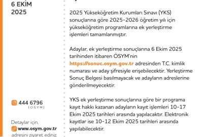 2025 YKS ek yerleştirme sonuçları açıklandı