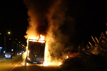 Elektronik eşya yüklü nakliye aracı alev alev yandı