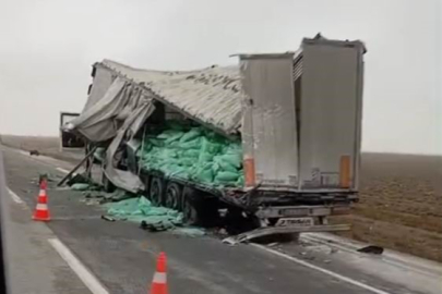 Tır yol kenarındaki tırın dorsesine çarptı