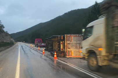 Odun yüklü tır devrildi