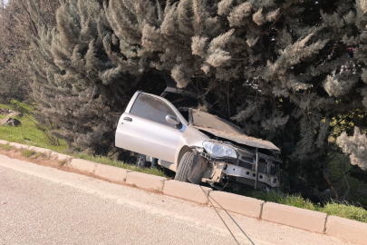 Bursa'da kontrolden çıkan otomobil ağaçlık alana uçtu