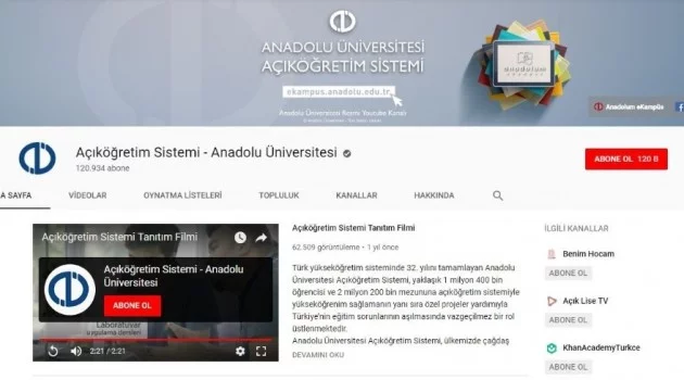 Açıköğretim Sistemi Youtube kanalı "Youtube Silver Plaketi" aldı