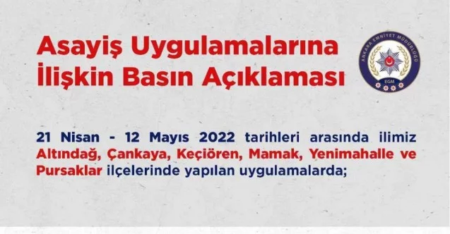 Ankara’da 3 haftalık asayiş uygulamalarında 230 kişi tutuklandı