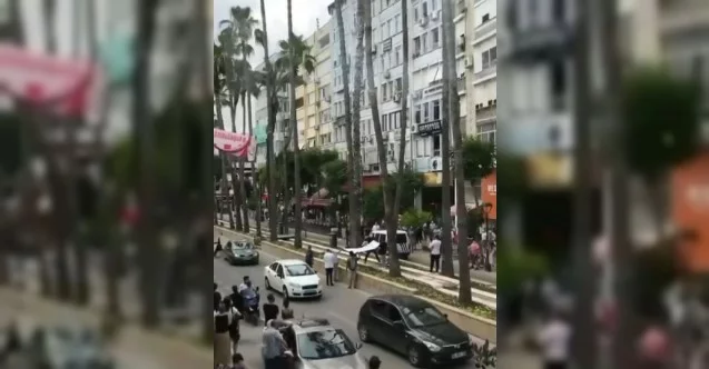 Antalya’da 20 metre uzunluğunda palmiye ağacına çıkan kedi vatandaşların açtığı brandaya düştü