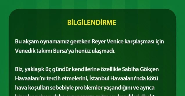 Frutti Extra Bursaspor’un rakibi Reyer Venice Bursa’ya ulaşamadı