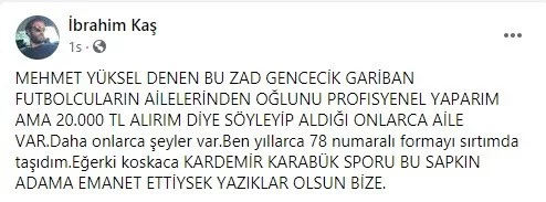 Karabükspor Başkanı Mehmet Yüksel’den futbolcusuna küfürlü mesaj