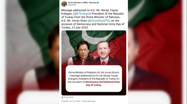 Pakistan Başbakanı Khan’dan Erdoğan’a "15 Temmuz Milli Birlik Günü" mesajı