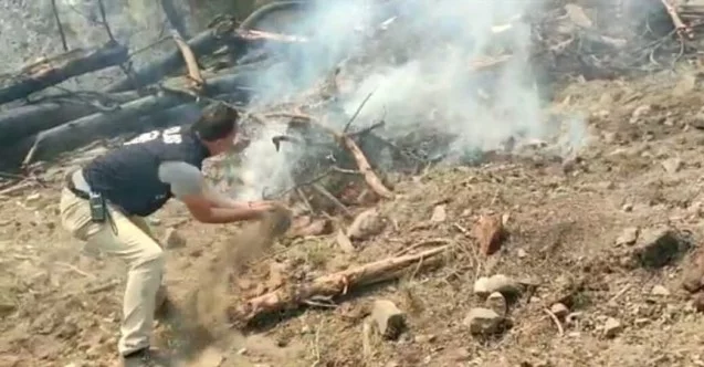 Polisler avuç avuç kumla ormanda yükselen alevleri söndürmeye çalıştı