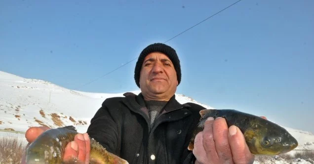 Yüksekova’da buz tutan derede ’Eskimo usulü’ balık avı