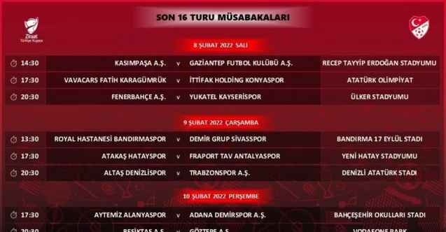 Ziraat Türkiye Kupası son 16 Turu programı açıklandı